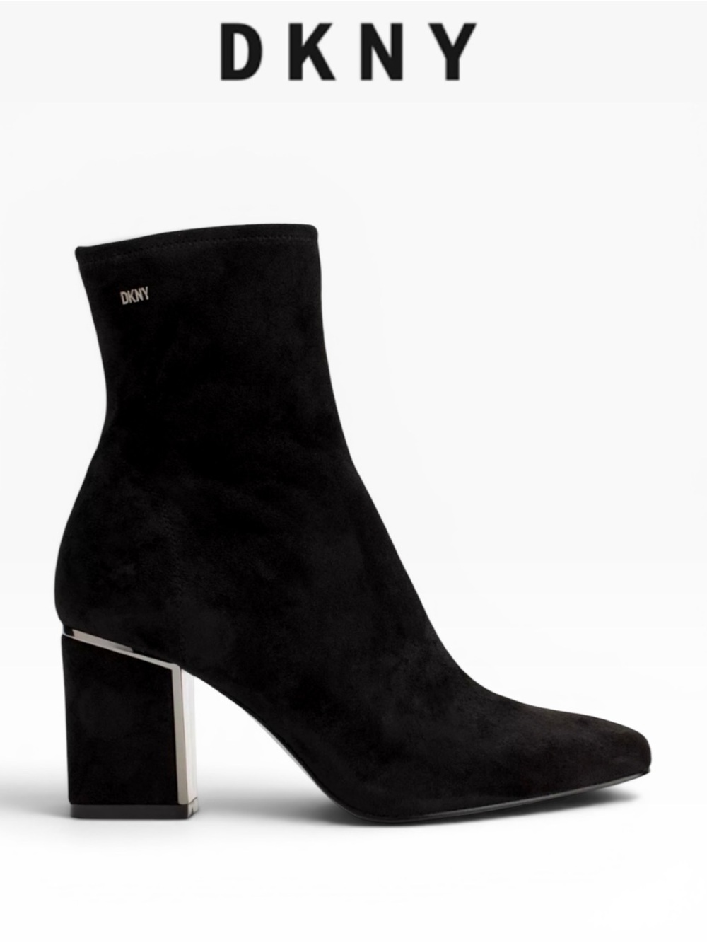 NIB DKNY CAVALE BLACK FAUX SUEDE STRETCH ANKLE BOOTS BLOCK HEEL BOOTIES SIZE 5